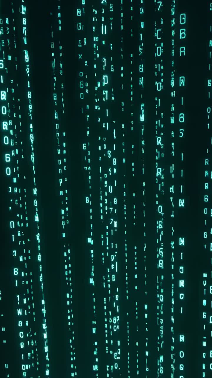 Vertical video: Starting neon cyan glyph streams cascading, tilting into data tunnel creating depth