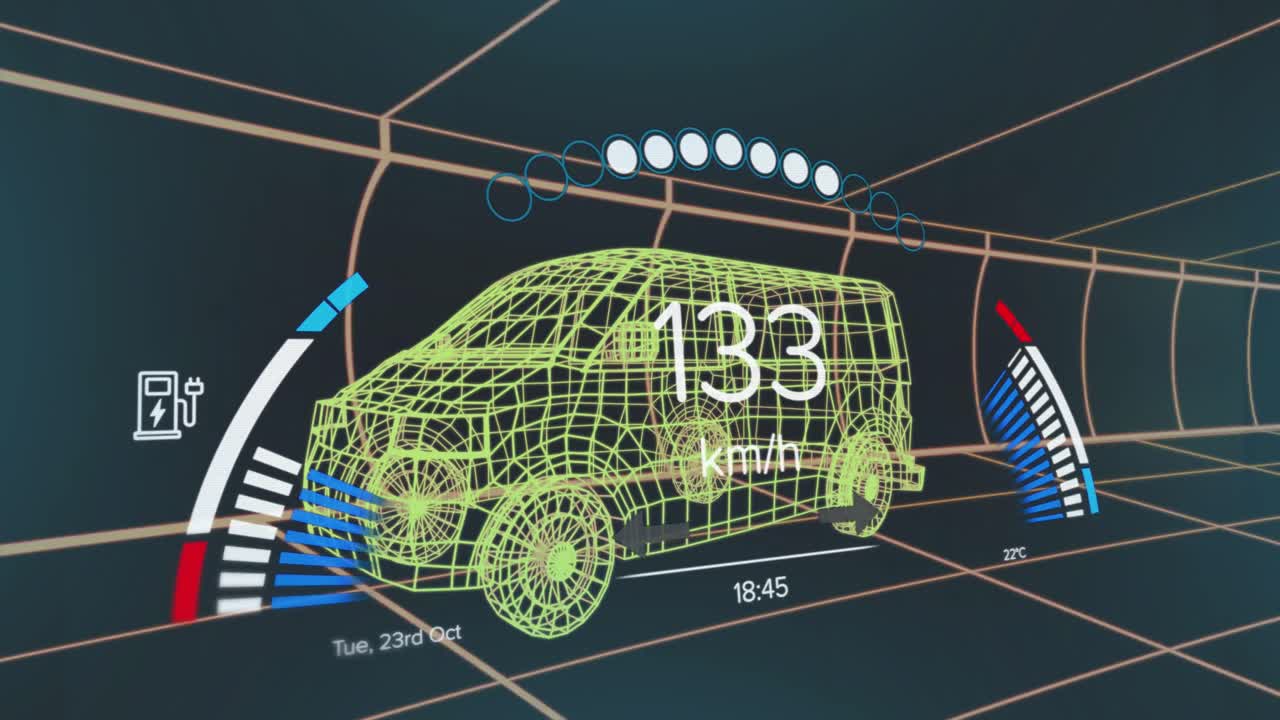 animación del velocímetro, el gps y los datos del estado de carga en la interfaz del vehículo, en un modelo de furgoneta 3d