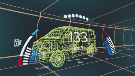 animation of speedometer, gps and charge status data on vehicle interface, over 3d van model