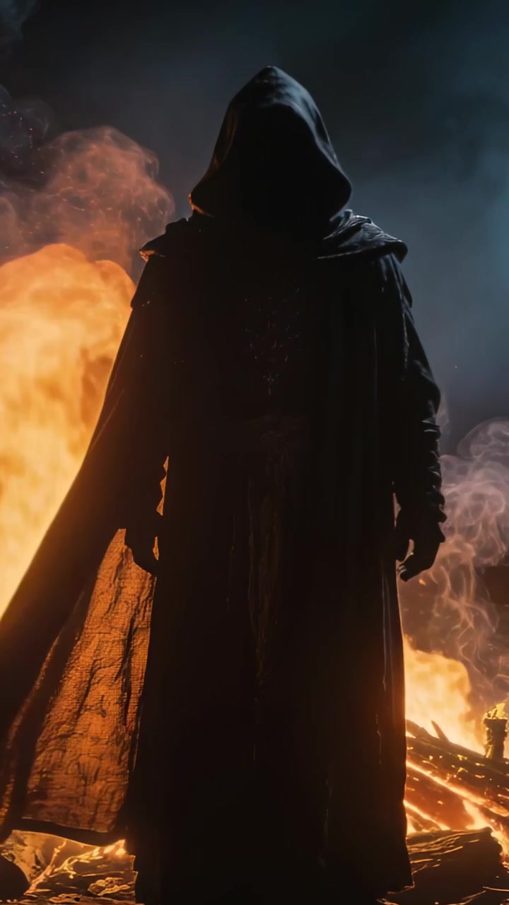 Vertical video: Standing hooded figure letting cloak billow from wind near burning pyre, with torch