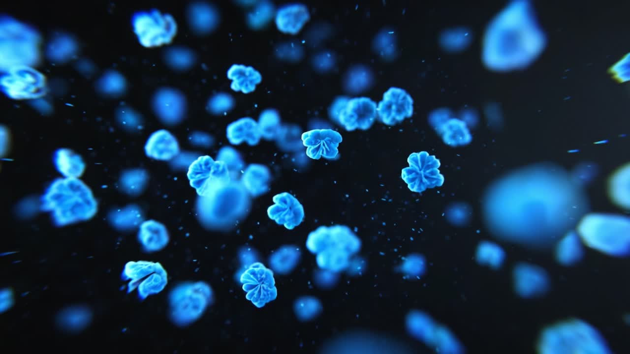 A Mesmerizing Dance of Blue Particles and Flowers in a Mystical Dark Background, Creating a Captivating Visual Experience Full of Intricate Details and Depth