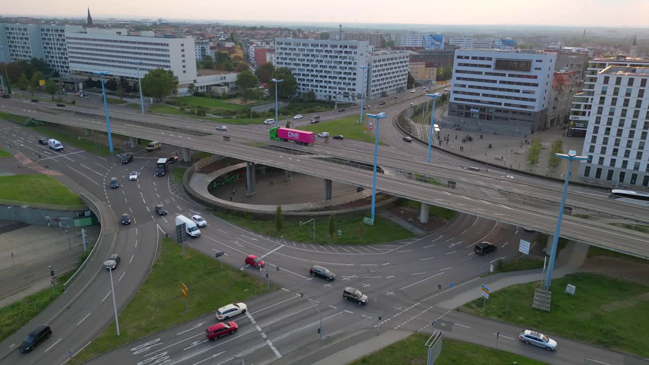 highway roundabout passing over halle saale germany on a cloudy summer day. speed ramp hyper motion time lapse