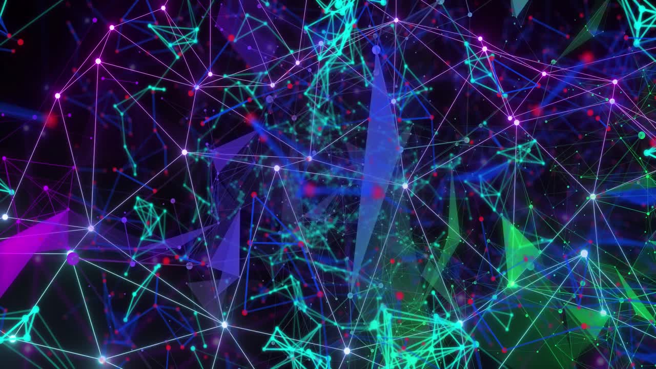 Animation of network of connections with glowing nodes over black background
