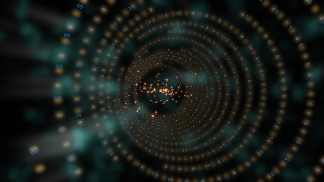 túnel de marco abstracto de espiral de pequeños iconos de dólar en zoom en movimiento sobre fondo negro.