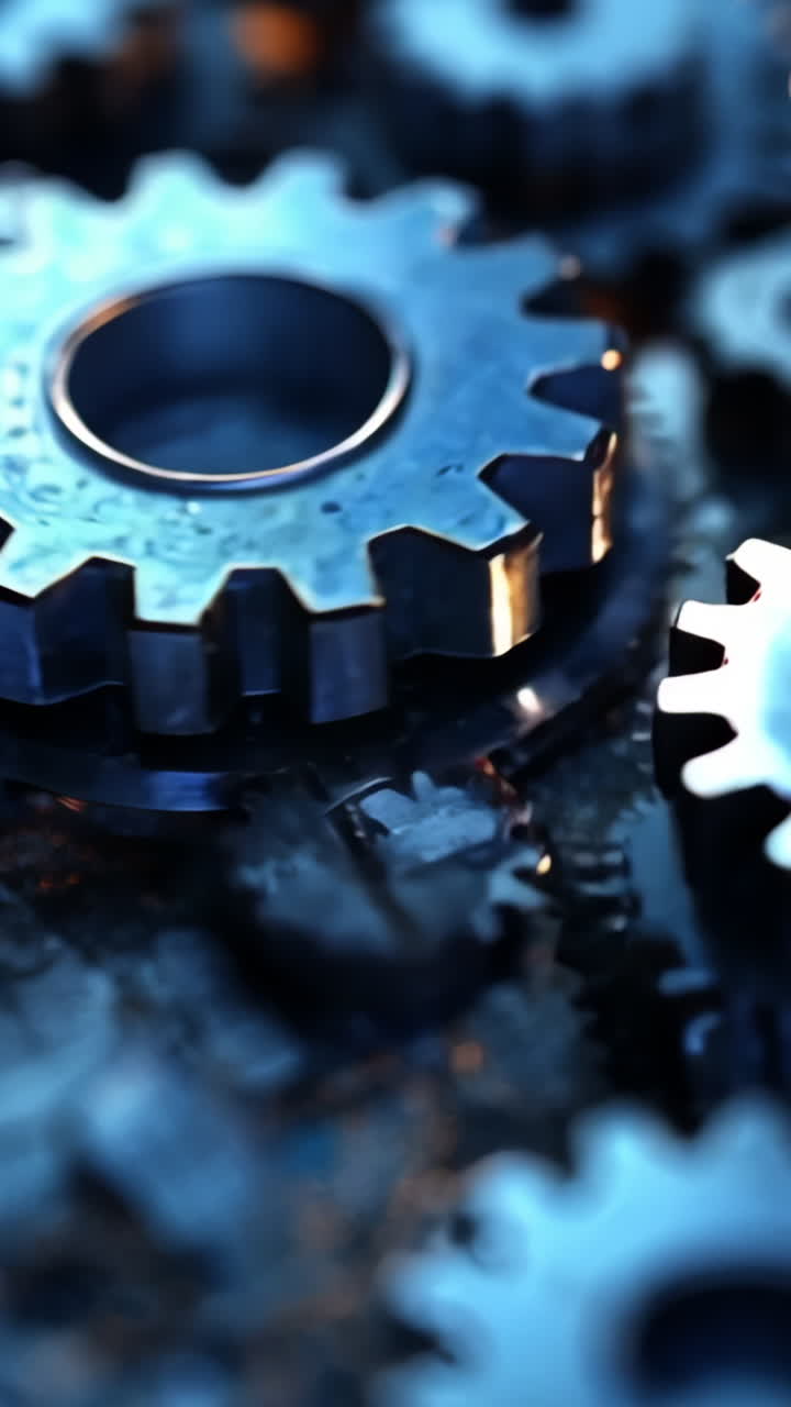 A close up of many gears of different sizes. Concept of complexity and precision, as each gear is intricately designed and interlocked with the others. Scene is one of order and organization