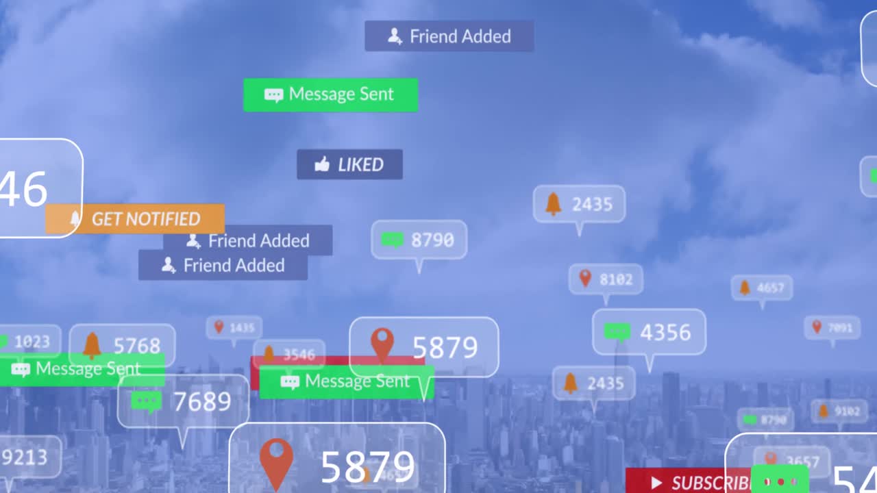 도시 풍경 위에 디지털 아이콘이 있는 배너에 있는 소셜 미디어 텍스트의 애니메이션