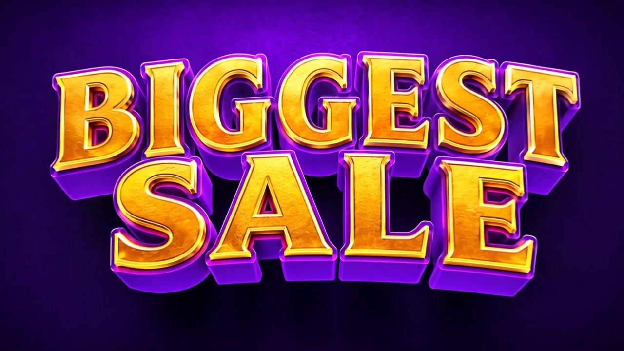 Luxurious Biggest Sale three dimensional golden lettering illuminated on purple backdrop
