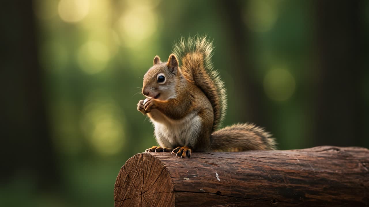 Scoiattolo curioso che esplora la natura su un tronco nella foresta, catturato in due inquadrature con uno sfondo verde vibrante e illuminazione bokeh morbida.