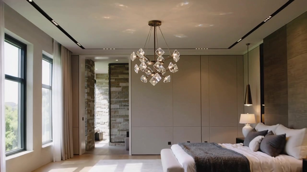 Pulling back camera revealing multiarm crystal chandelier in master bedroom, showcasing fixture