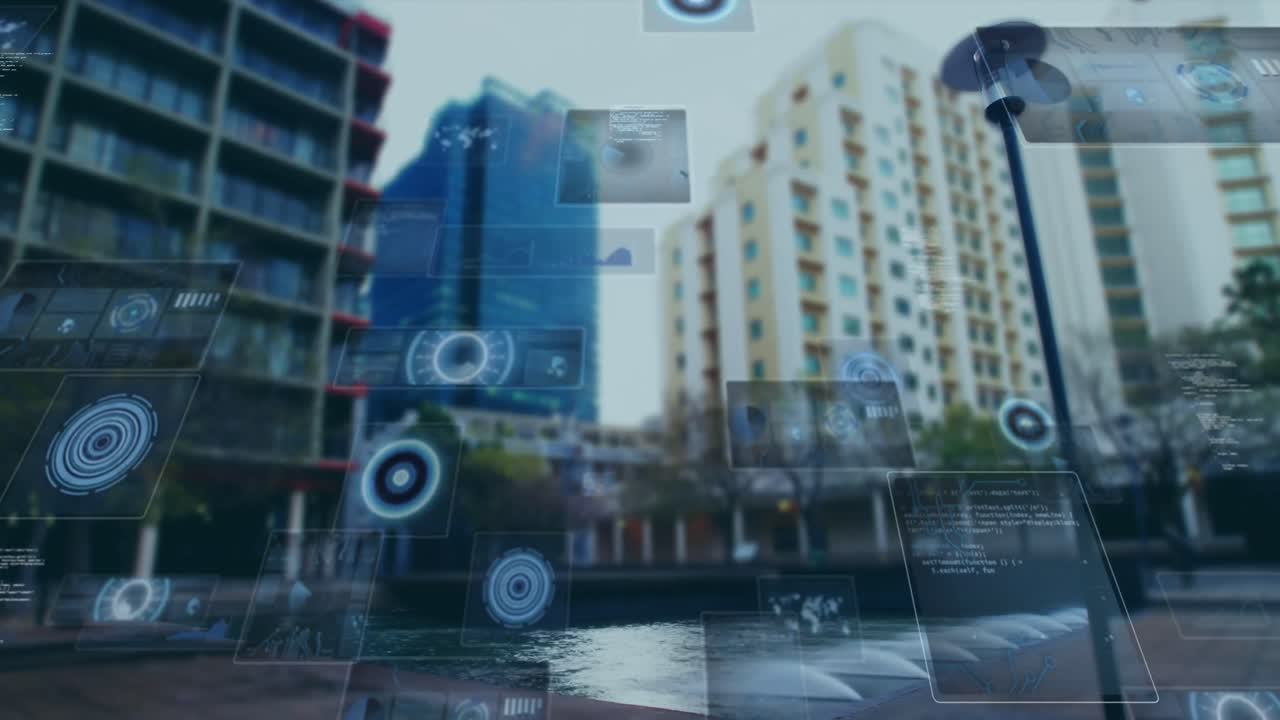 도시 풍경 위의 스크린에서 스캔 및 데이터 처리의 애니메이션