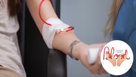 Animation-of-please-give-blood-text-with-hands-and-blood-tube-logo,-over-female-donor-giving-blood