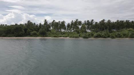 Aerial-rushes-toward-Lombok-beach-and-open-green-coconut-palm-grove