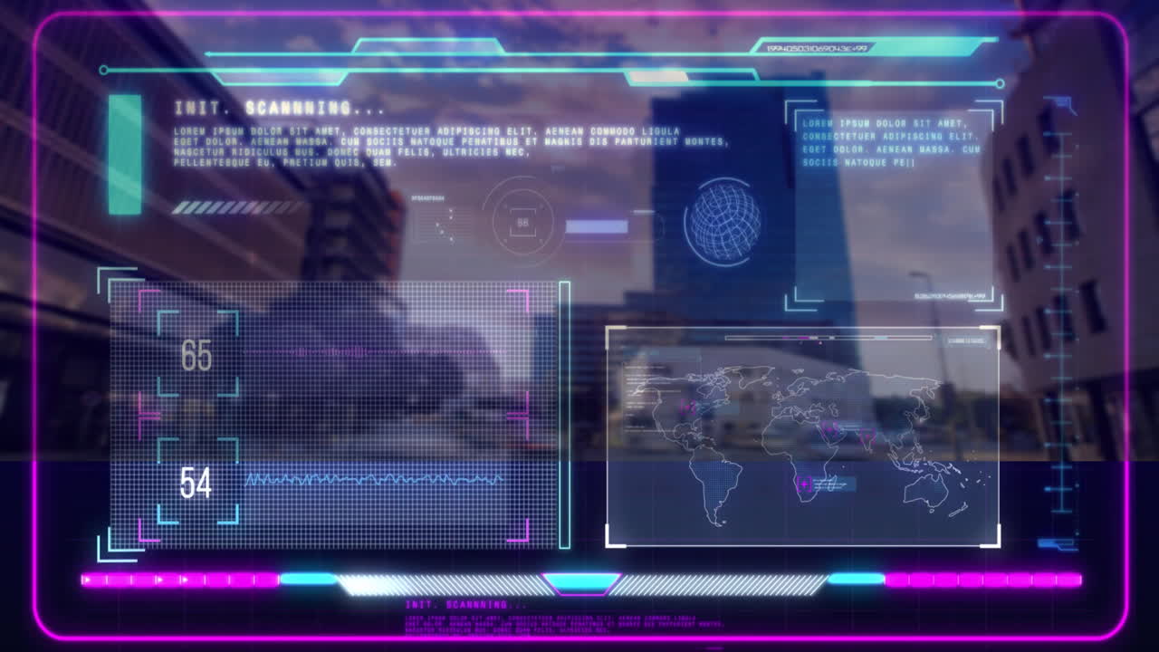 Animation of futuristic digital interface with global data over cityscape background