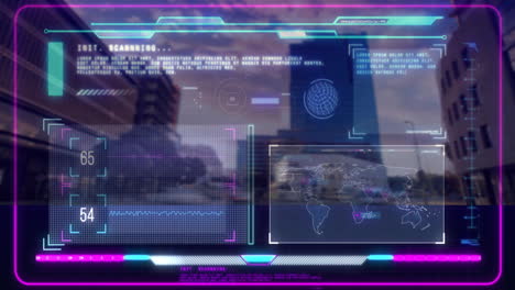 animation of futuristic digital interface with global data over cityscape background