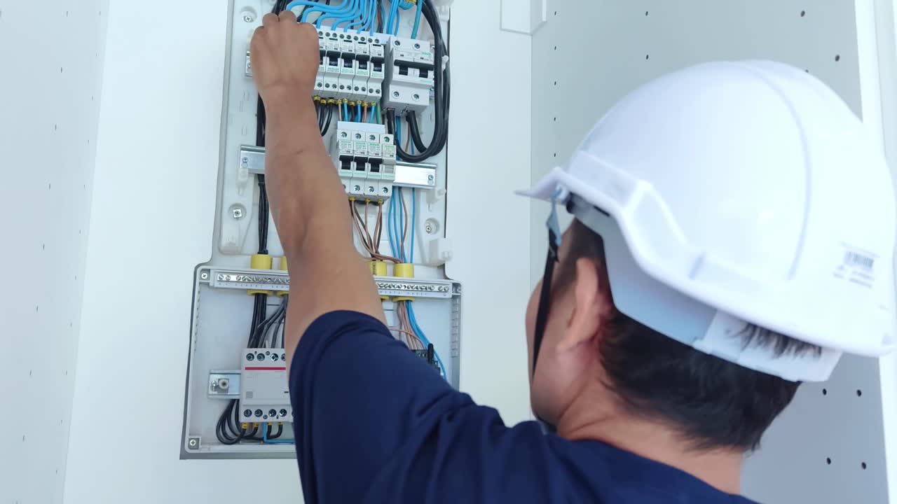 electricista trabajando en un panel eléctrico