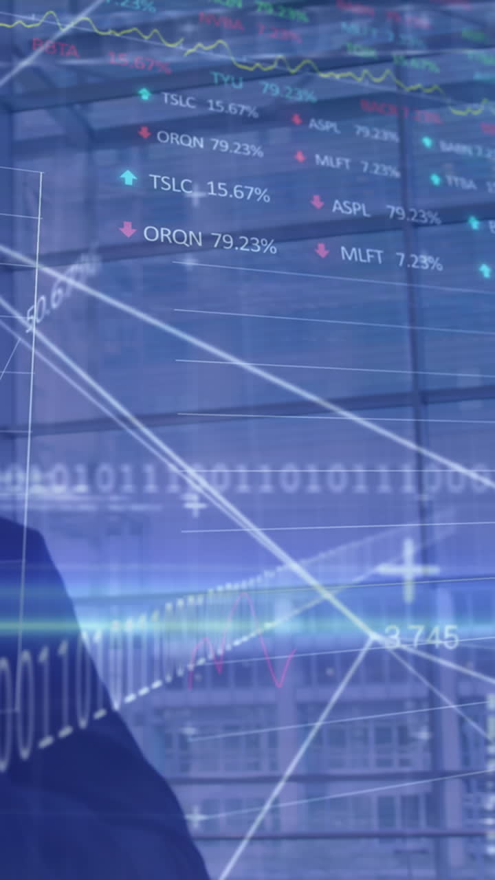 Animation of financial data processing over caucasian businessman with luggage walking