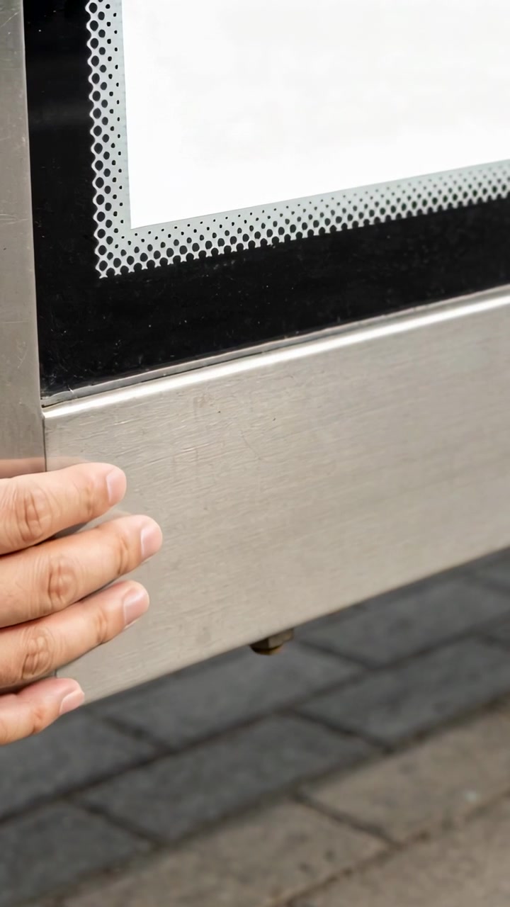 Video verticale: La mano sinistra si allunga, tenendo e regolando un pannello d'acciaio sul pavimento con una vite, spazio per il testo.
