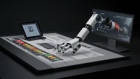 showcasing a high-tech robotic arm interacting with digital interfaces on a sleek workspace, demonstrating advanced automation and precision technology