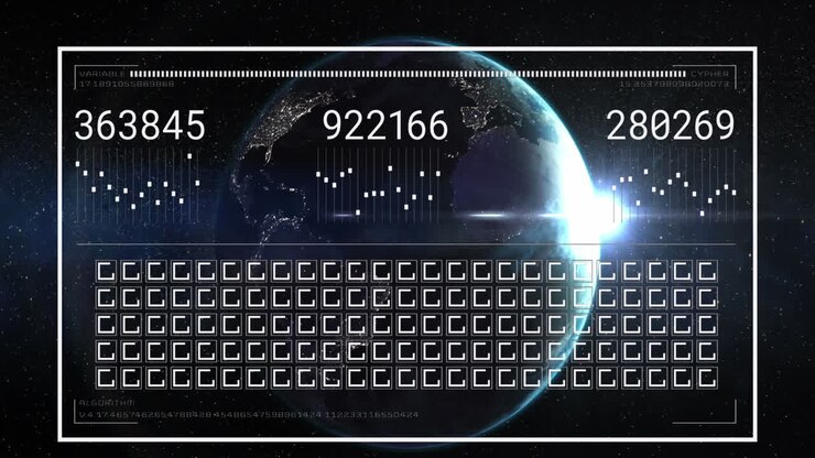 Animation of interface with data processing over spinning globe and light spot on black background