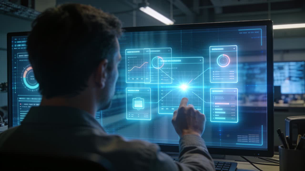 Seated man tapping center node on clear UI causing panels expanding and chart rising for analytics