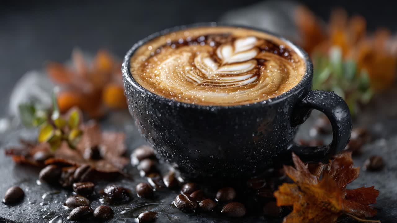 Aesthetic Coffee Presentation: Captivating Latte Art in Rich Brown Tones Surrounded by Coffee Beans and Autumn Leaves