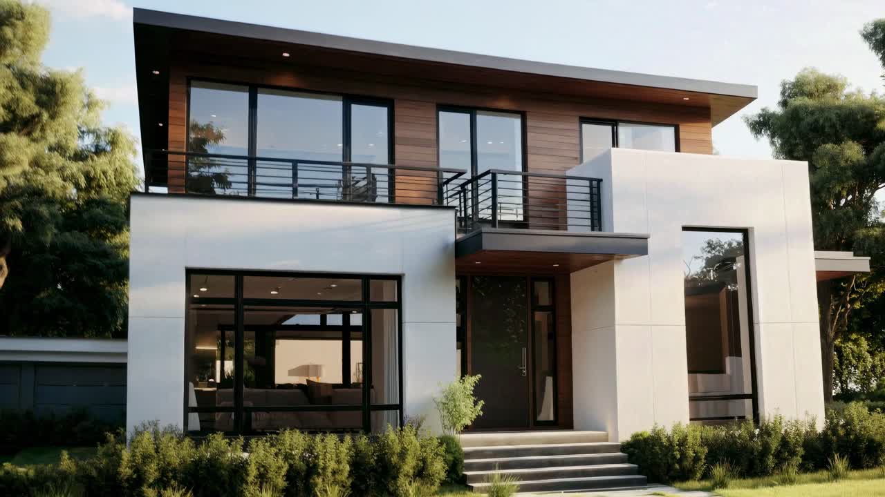 Modern two-story house with large windows, captured from a low-angle, showcasing sleek design