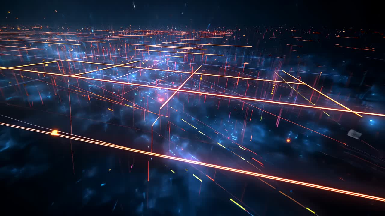 Timeline starting, camera moving over neon grid plane, columns rising and lines pulsing across haze