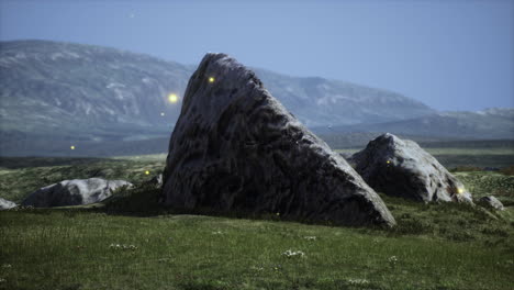 isolated stone on meadow in mountains