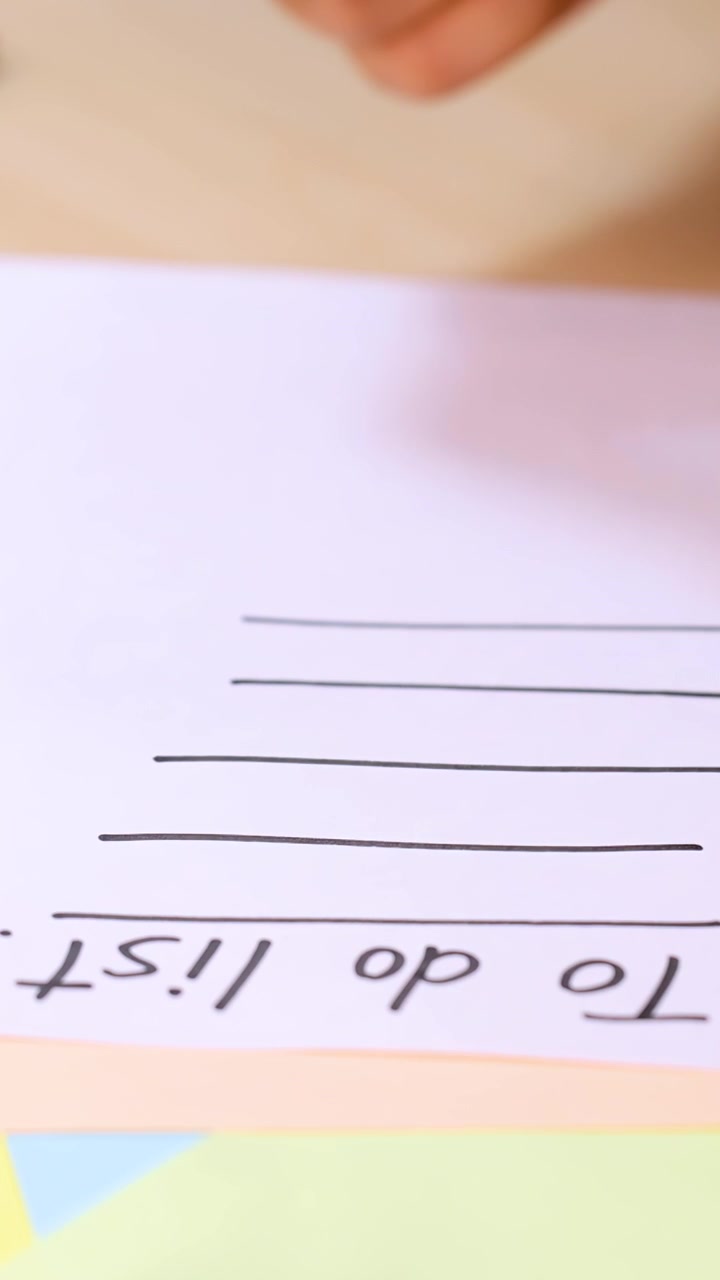 Primo piano di una persona che scrive su una lista di cose da fare vuota con un pennarello, con luce intensa e telecamera fissa.