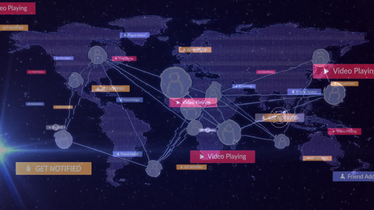 Animation of global network connections with video notifications over world map
