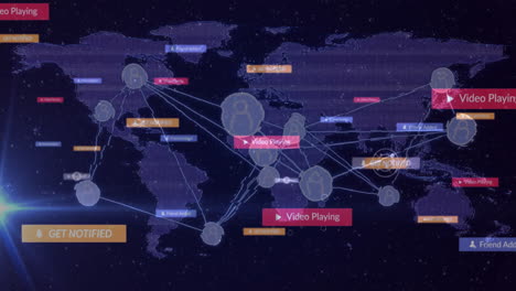 animation of global network connections with video notifications over world map