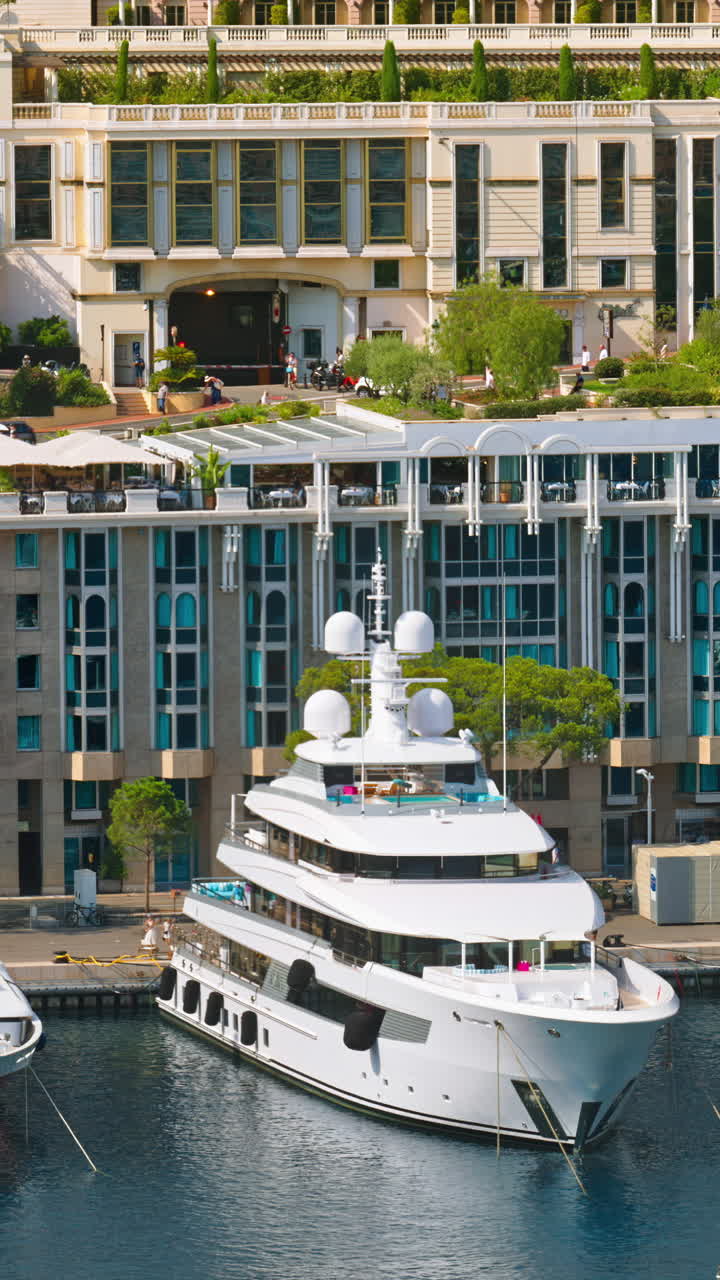 View of boats docked in the Monaco Marina with the skyline of the city on the background. Vertical