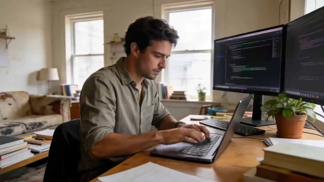 Sedící muž v košili na knoflíky píše na notebooku a odkazuje na monitor v domácí kanceláři, programuje.