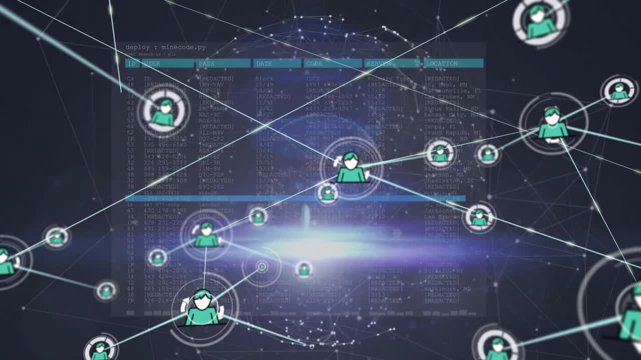 animación de la red de conexiones con iconos y procesamiento de datos sobre fondo negro