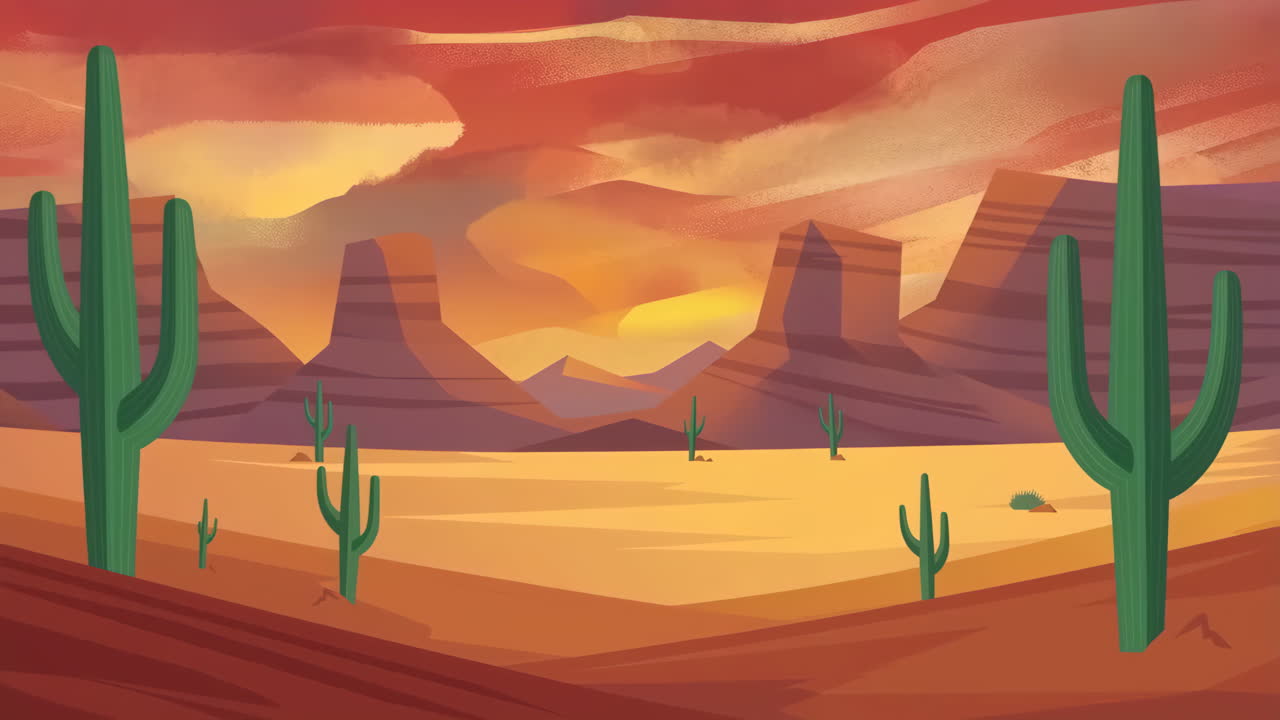 Levendig cartoon woestijnlandschap met saguaro cactussen en mesa's bij zonsondergang