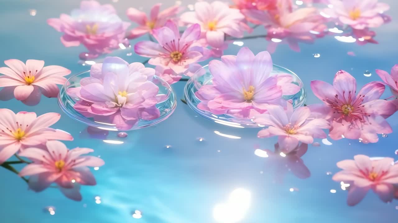 穏やかな水面に浮かぶピンクの桜を真上から捉えた、静かで美しい動画