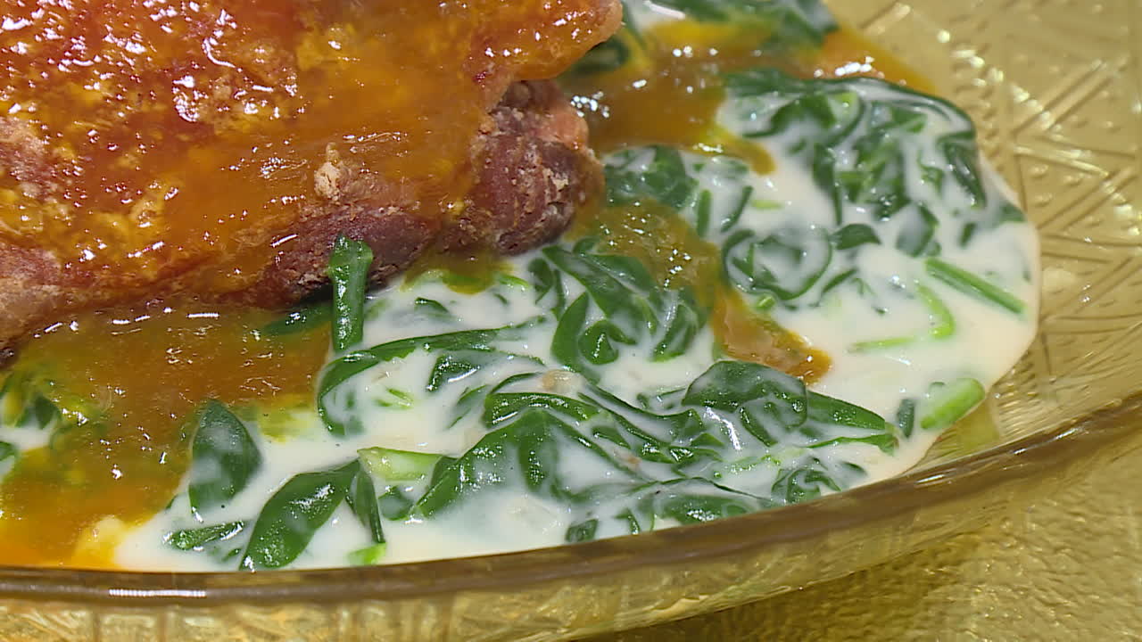Crispy Orange Glazed Pork with Creamy Spinach