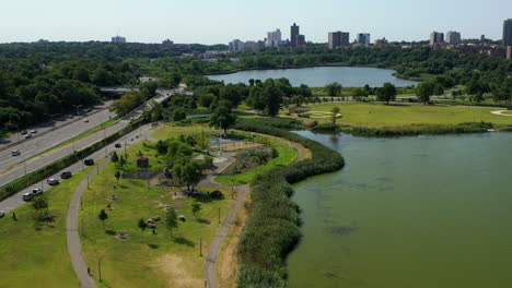 aerial-pull-away---descending-shot-at-Flushing-Meadows-Corona-Park-in-Flushing,-New-York