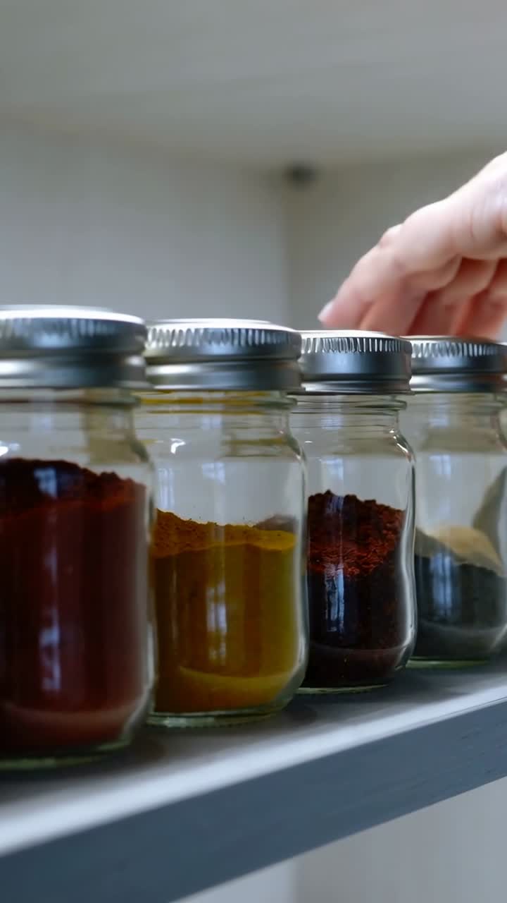 Vidéo verticale : Une main s'approchant, glissant sur de petits pots à épices en verre sur une étagère de cuisine, sélectionnant un pot.
