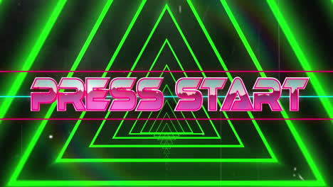 animation of press start text banner against neon green triangular tunnel in seamless pattern