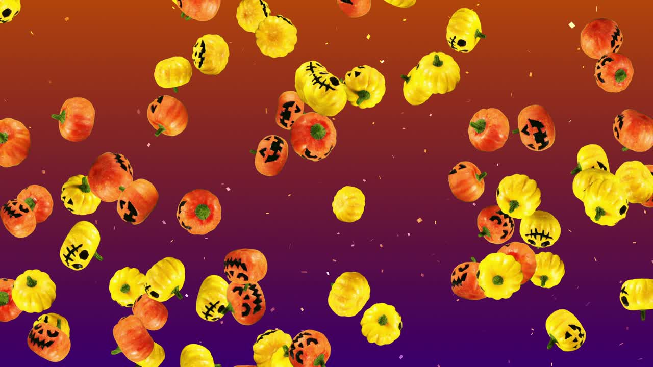 Flying many orange and yellow pumpkins. Gradient background. Cartoon faces with smile. 3D animation for the holiday Halloween. Loop animation.