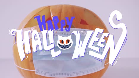 animation of happy halloween text over pumpkin with face mask