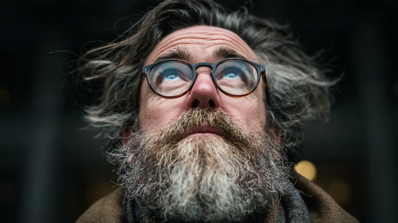 Contemplative Male Gazing Skyward: A Portrait of Reflection and Wonder with Thoughtful Expressions and Distinctive Facial Hair Against a Blurred Background