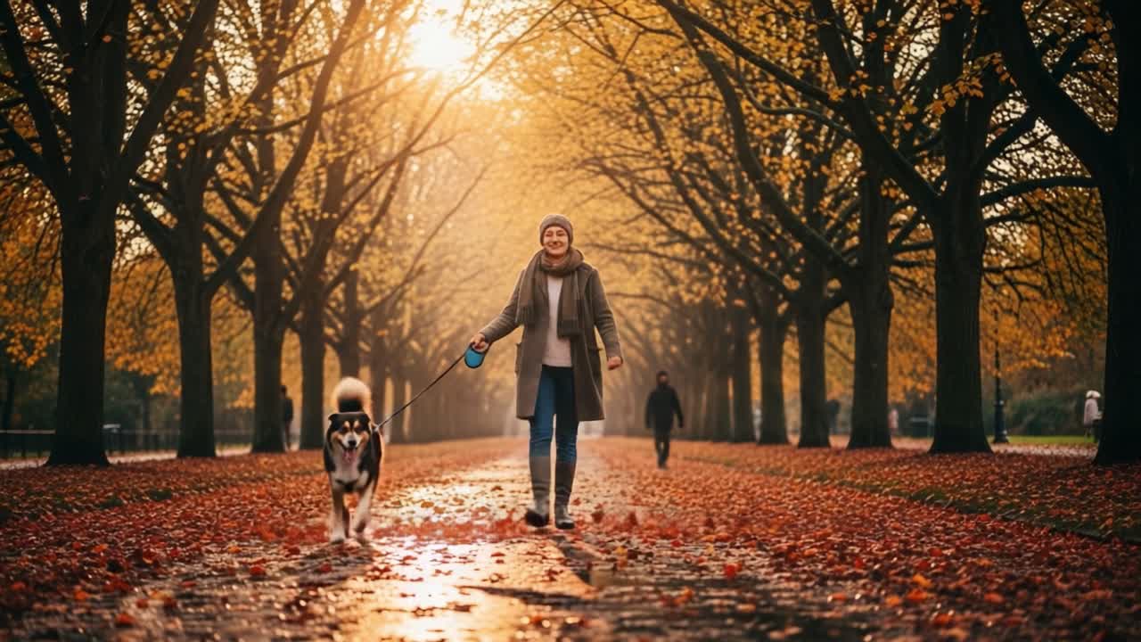 A Beautiful Autumn Stroll: A Joyful Woman and Her Dog Enjoying a Leafy Path Under the Golden Sunlight of a Crisp Fall Day