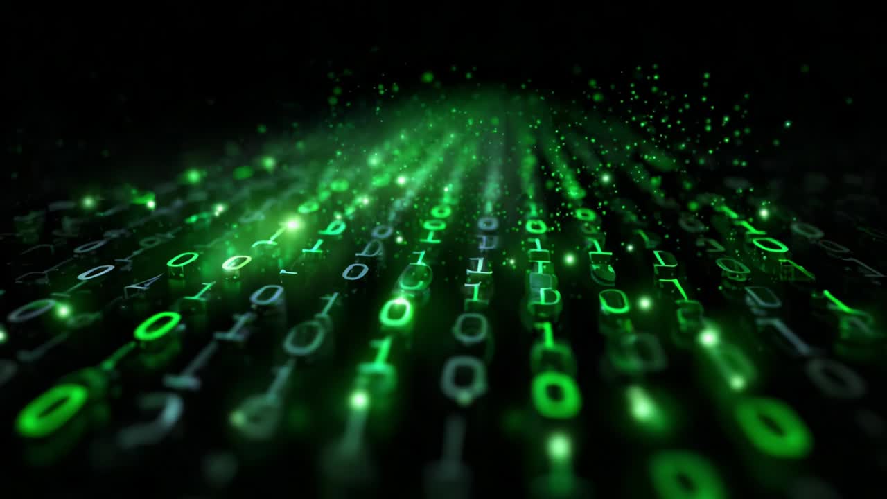 A mesmerizing view of cascading green binary code transitions taking place in a digital environment, illustrating the depth and complexity of data flowing through networks with a futuristic feel
