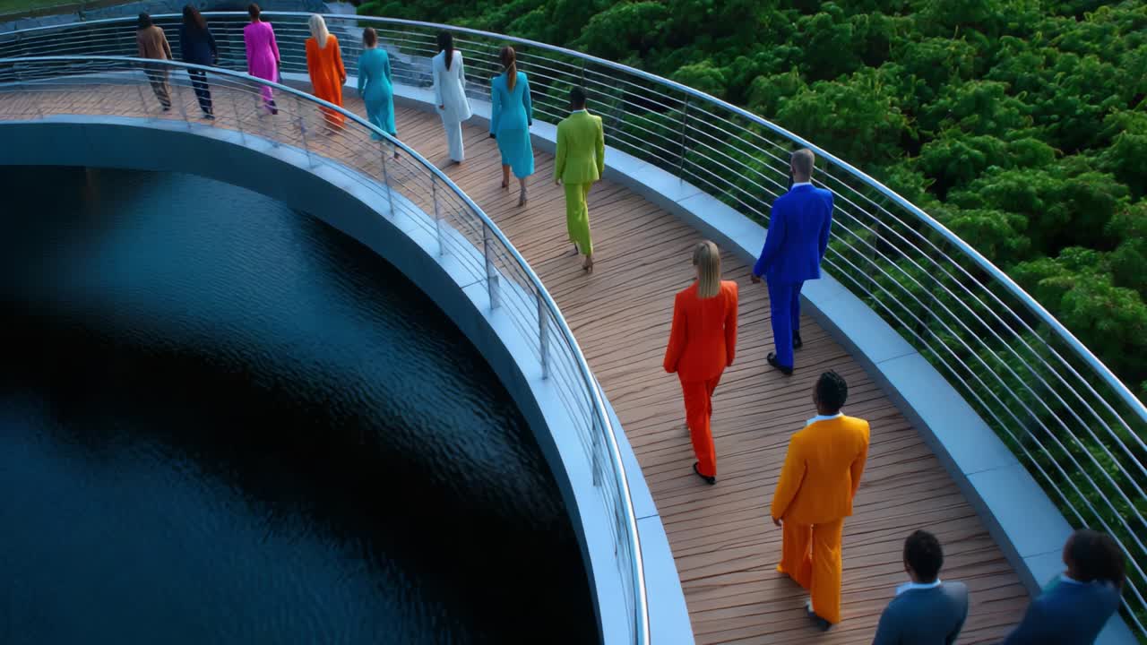 People in Brightly Colored Suits on a Modern Bridge