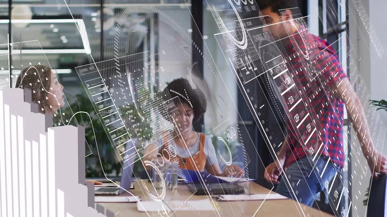 Man entering, pulling seat, lead opening blue folder while HUDs overlaying, business team reviewing