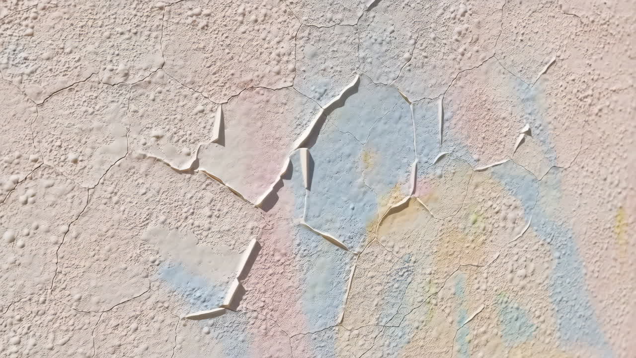 Close-up of peeling paint on a distressed wall with pastel colors