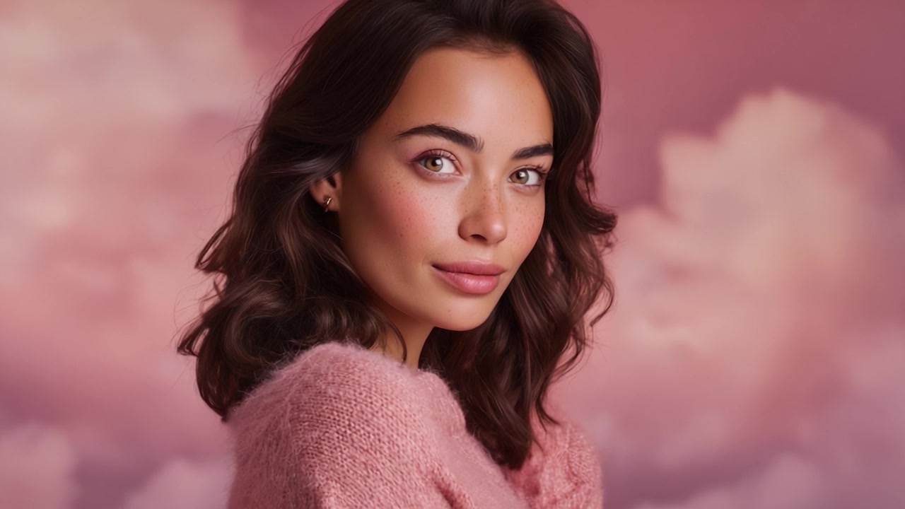 Ritratto accattivante di una giovane donna che guarda con sicurezza su uno sfondo rosa sognante con nuvole soffici, che incarna grazia e bellezza in un'ambientazione stravagante.