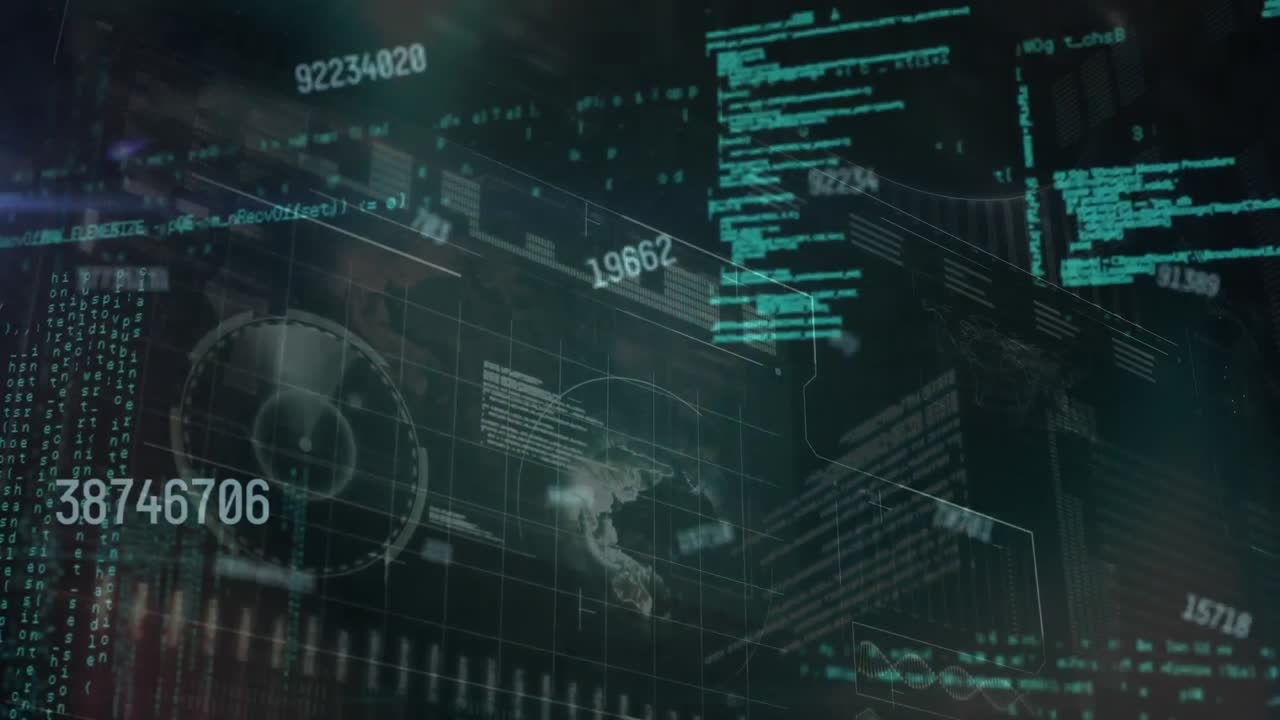 animación de números cambiantes, radares sobre lenguaje informático, gráficos, globo terrestre sobre fondo negro